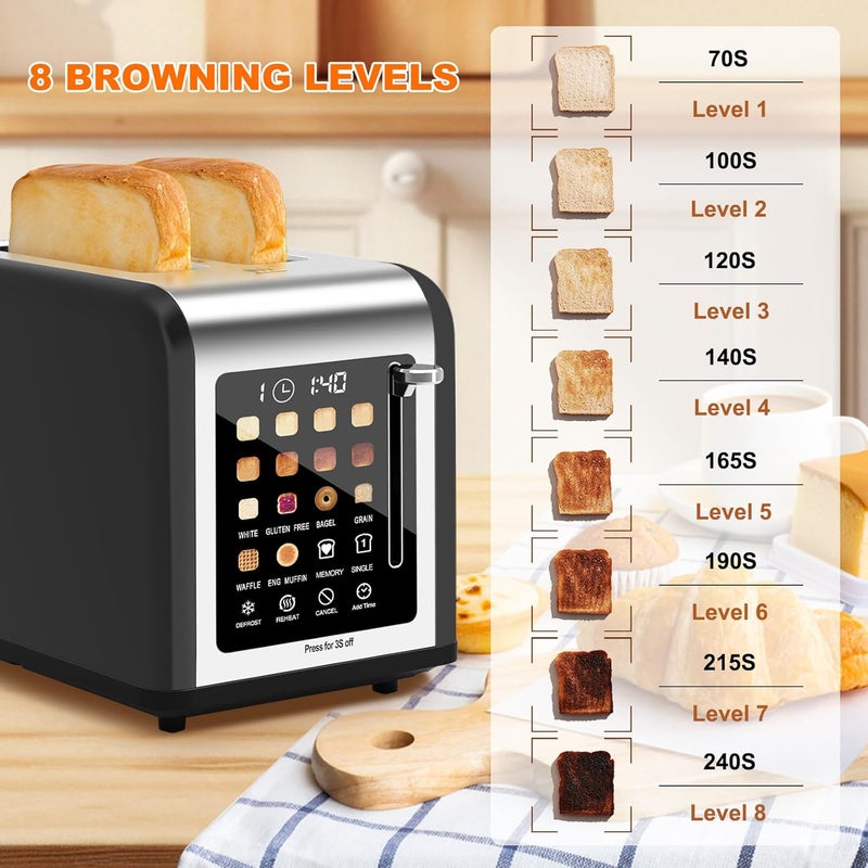 Clixane 2 Slice Toaster Touch Screen, Stainless Steel Toasters Digital Timer 2 Slot Toasters, 8 Shade Settings 6 Bread Types for Bagel, Cancel, Defrost (Black) - Image 4